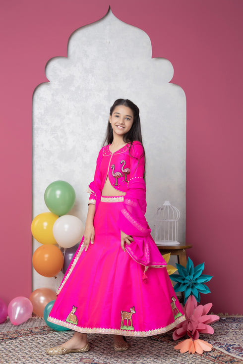 FLAMINGO AND DEER PINK LEHENGA SET